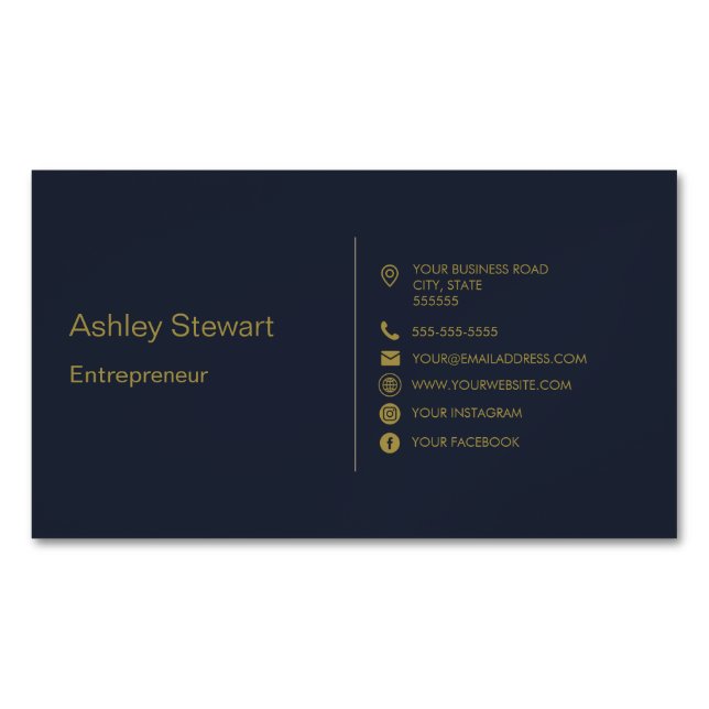 Minimalist Navy Blue Social media Website Modern Magnetic Business Card (Front)