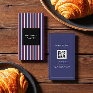 Minimalist Navy Blue Stripes Bakery Retro QR Code Business Card