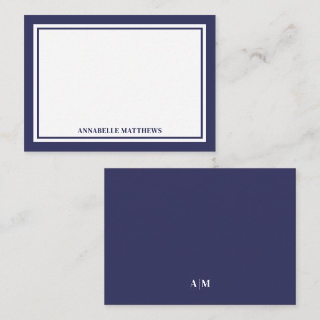 Minimalist Navy Blue Two Border Monogram Card (Front/Back)