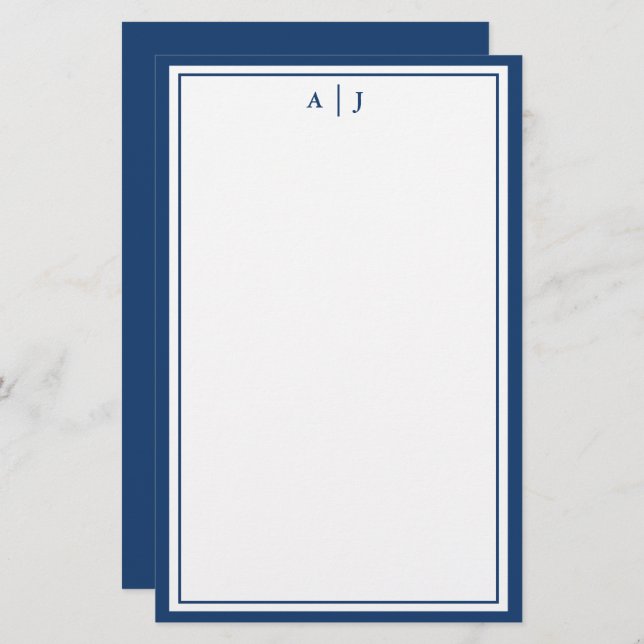 Minimalist Navy Blue Two Border Monogram Stationery (Front/Back)