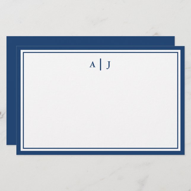 Minimalist Navy Blue Two Border Monogram Stationery (Front/Back)