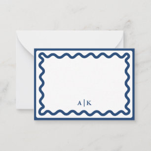 Minimalist Navy Blue Wavy Border Monogram Card