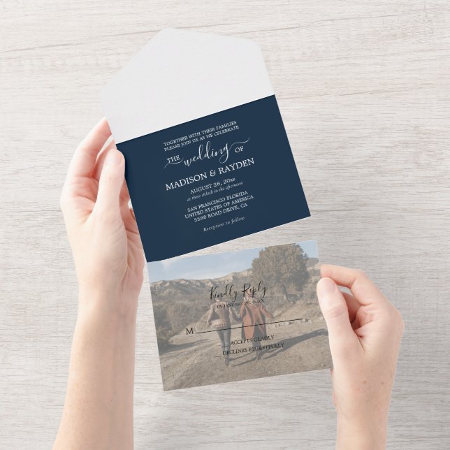 Minimalist Navy Blue Wedding All In One Invitation (Tearaway)