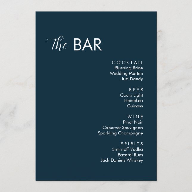Minimalist Navy Blue Wedding Drinks Bar Menu (Front)