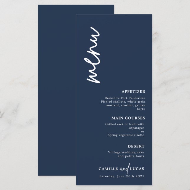 Minimalist Navy Blue Wedding  Menu (Front/Back)