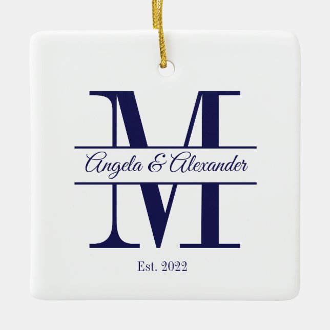 Minimalist Navy Blue Wedding Split Monogram Ceramic Ornament (Front)