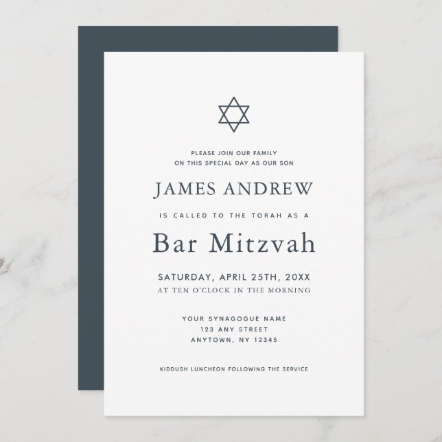 Minimalist Navy Blue & White Bar Mitzvah Invitation (Front/Back)