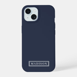 Minimalist Navy Blue White Personalised Name iPhone 15 Case