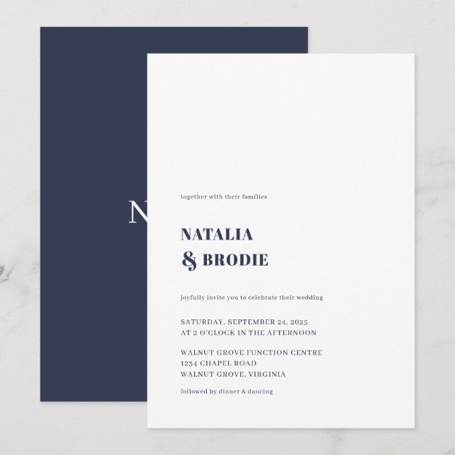 Minimalist Navy Blue White Wedding Invitation (Front/Back)