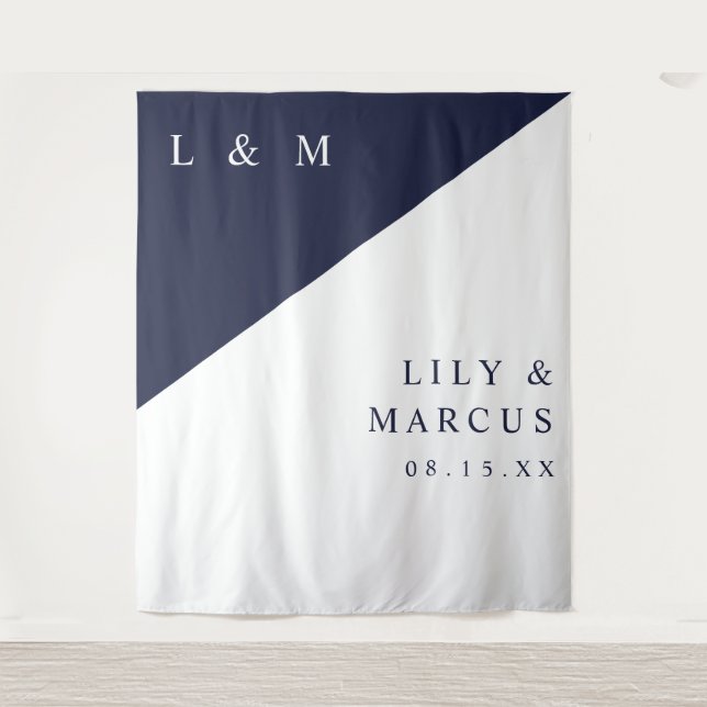 Minimalist Navy Blue White Wedding Photo Backdrop Tapestry (Front)
