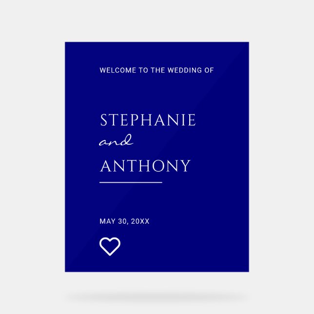 Minimalist Navy Blue with Heart Modern Wedding  Acrylic Sign (Front)