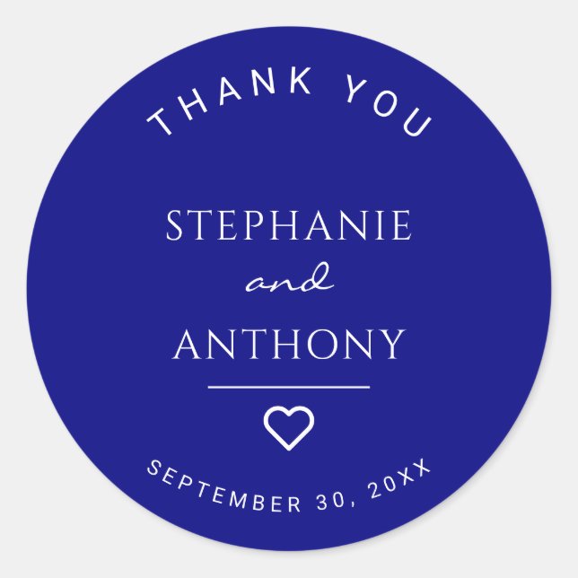 Minimalist Navy Blue with Heart Modern Wedding  Classic Round Sticker (Front)