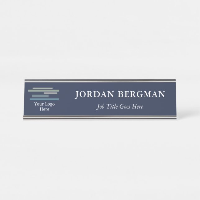 Minimalist Navy Blue Your Logo Name Title Desk Name Plate (Front)