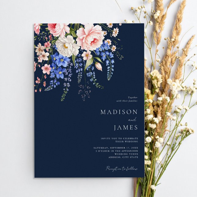 Minimalist Navy BlueBoho Wildflower Floral Wedding Invitation (Creator Uploaded)