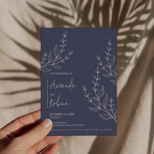 Minimalist Navy Botanical Wedding Invitation (Creator Uploaded)