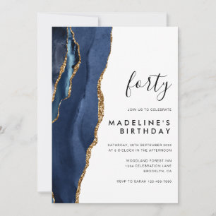 Minimalist Navy Gold Agate Geode 40th Birthday Invitation