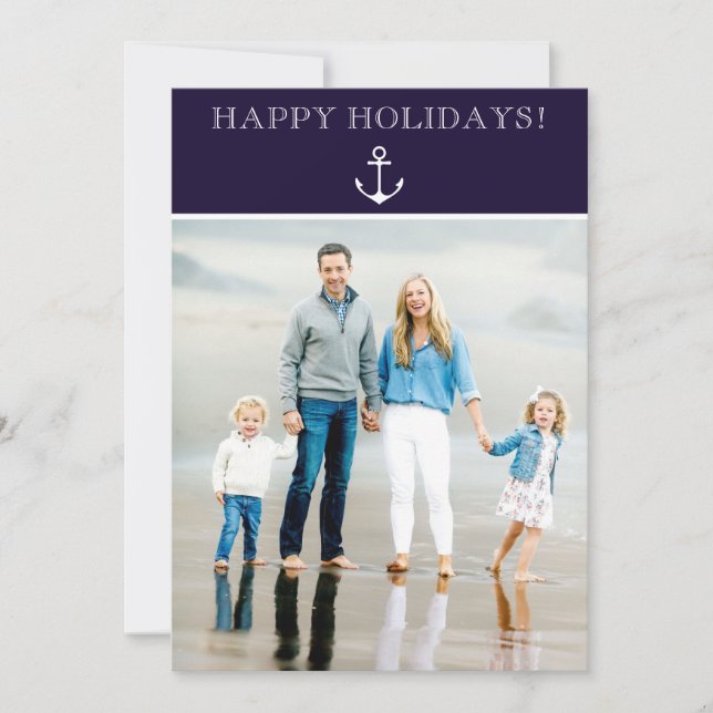 Minimalist Navy Happy Holidays Anchor Photo Holiday Card (Front)