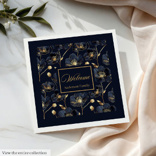 Minimalist Navy Napkins Gold Flowers Monogram Art