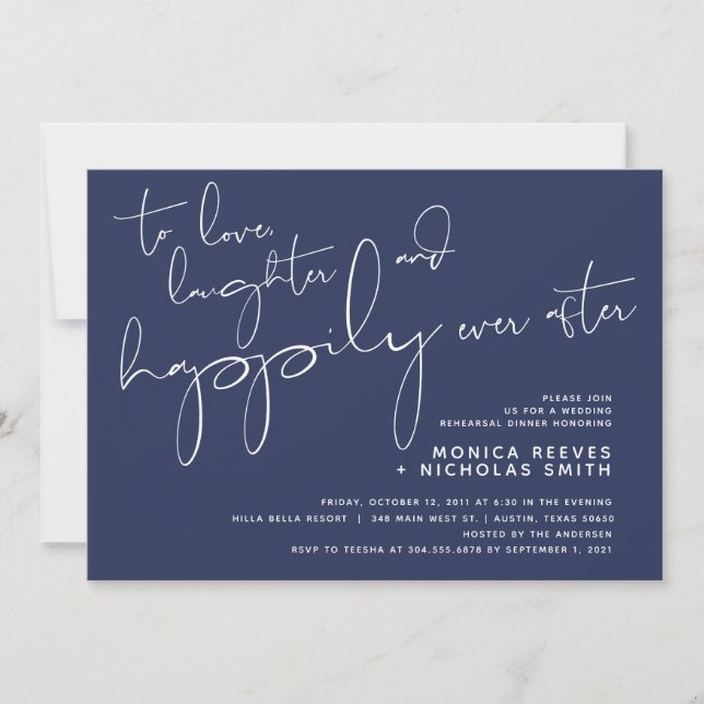 Minimalist Navy Script Wedding Rehearsal Dinner Invitation (Front)