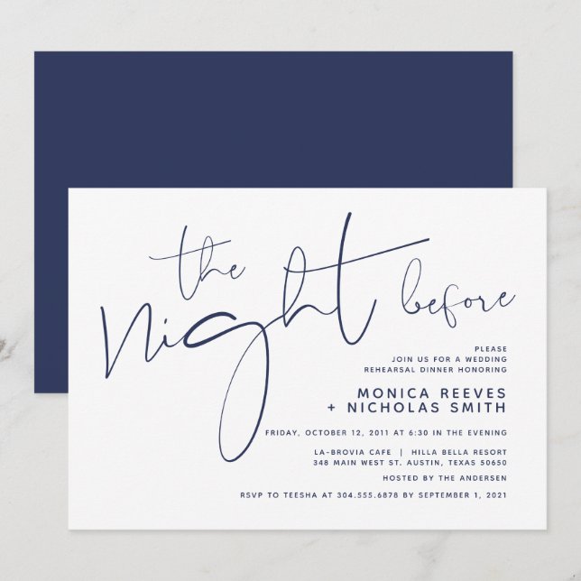 Minimalist Navy Script Wedding Rehearsal Dinner Invitation (Front/Back)