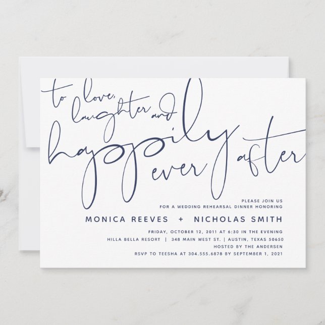 Minimalist Navy Script Wedding Rehearsal Dinner Invitation (Front)