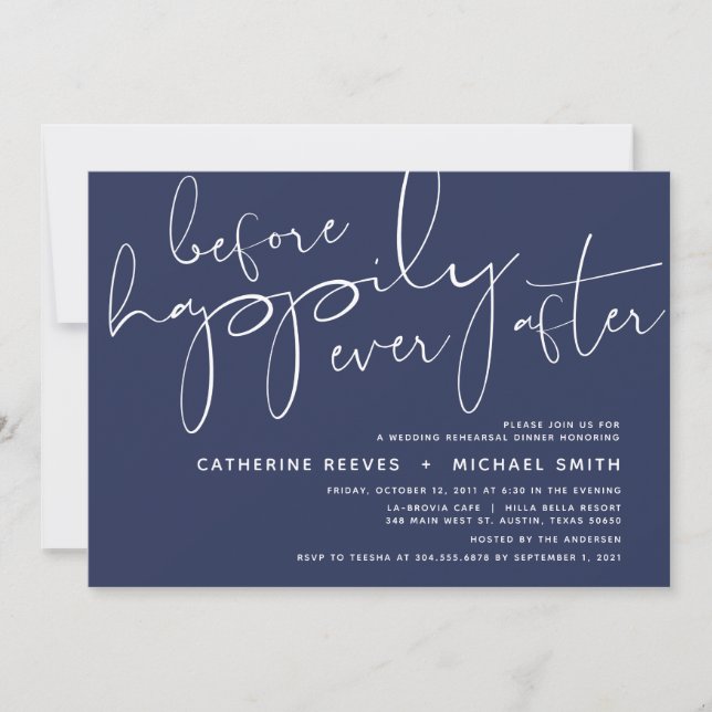 Minimalist Navy Script Wedding Rehearsal Dinner Invitation (Front)