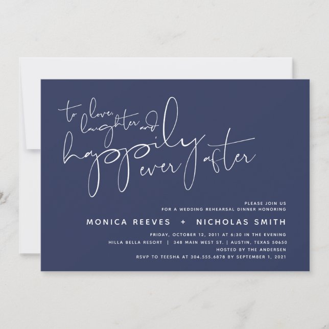 Minimalist Navy Script Wedding Rehearsal Dinner Invitation (Front)