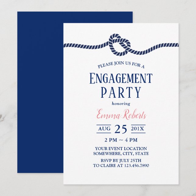 Minimalist Navy Tying the Knot Nautical Engagement Invitation (Front/Back)