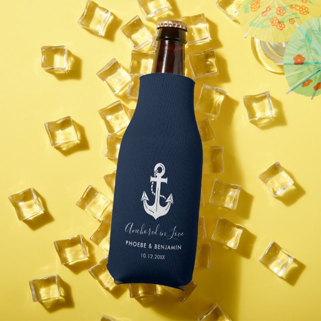 Minimalist Navy & White Custom Couple Name Wedding Bottle Cooler (In Situ Summer)