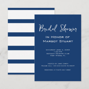 Minimalist Navy White Script Striped Bridal Shower Invitation