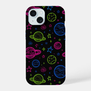 Minimalist Neon Space & Planets Night Sky Pattern iPhone 15 Case
