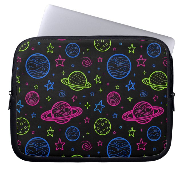 Minimalist Neon Space & Planets Night Sky Pattern Laptop Sleeve (Front)