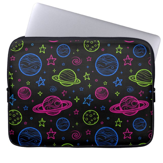Minimalist Neon Space & Planets Night Sky Pattern Laptop Sleeve (Front)