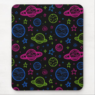 Minimalist Neon Space & Planets Night Sky Pattern Mouse Mat