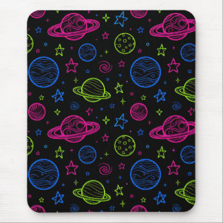 Minimalist Neon Space & Planets Night Sky Pattern Mouse Mat