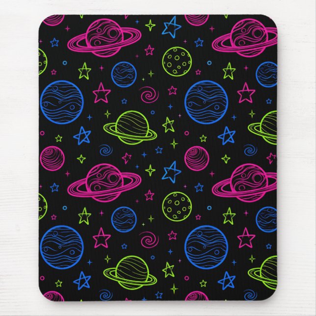 Minimalist Neon Space & Planets Night Sky Pattern Mouse Mat (Front)