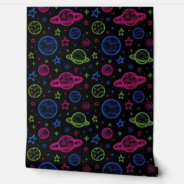 Minimalist Neon Space & Planets Night Sky Pattern Wallpaper (Unrolling)