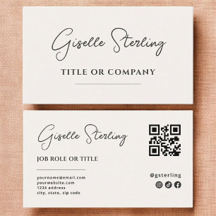 Minimalist Neutral Beige Company Script QR Code Business Card