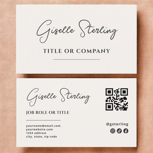 Minimalist Neutral Beige Company Script QR Code Business Card (Creator Uploaded)