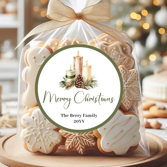 Minimalist Neutral Christmas Tree Personalized  Classic Round Sticker (Minimalist Neutral Christmas Tree Personalized Stickers)