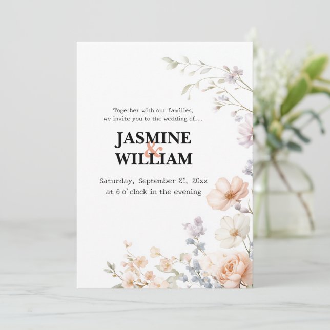 🤍 Minimalist Neutral Floral Wedding Invitation 🌸 (Standing Front)