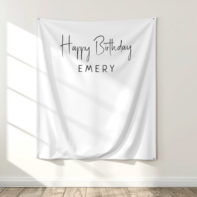 Minimalist Neutral Happy Birthday Name Backdrop Tapestry (Creator Uploaded)