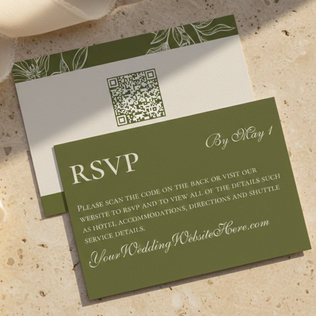  Minimalist Neutral Modern Olive Green Wedding RSVP Card (Rustic Green Floral QR Wedding RSVP Card)
