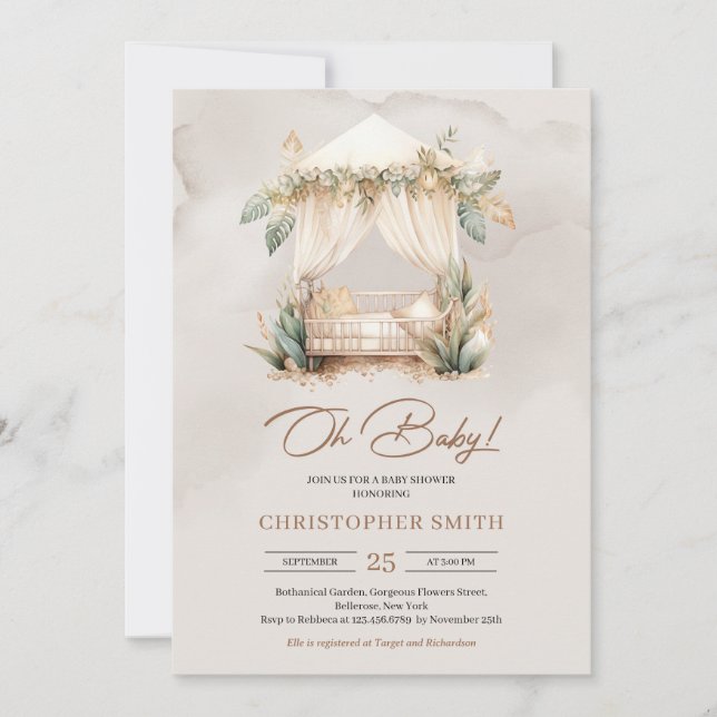 Minimalist neutral nursery nook tropical greenery invitation (Front)