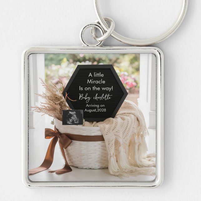 Minimalist Neutral pregnancy announcement keepsake Key Ring (Front)