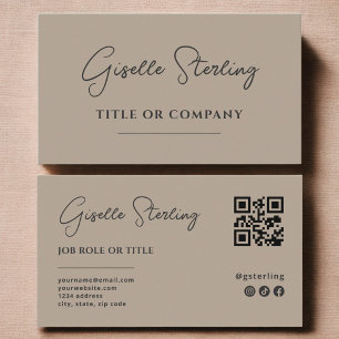 Minimalist Neutral Taupe Company Script QR Code Business Card