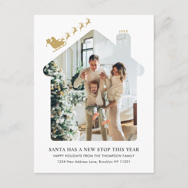 Minimalist New Home Photo Gold Santa Sleigh Moving Holiday Postcard (Front)
