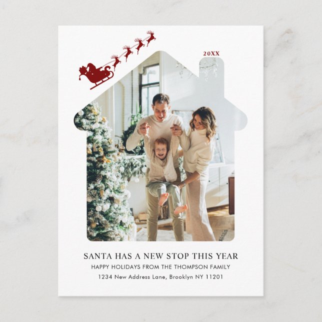 Minimalist New Home Photo Red Santa Sleigh Moving Holiday Postcard (Front)
