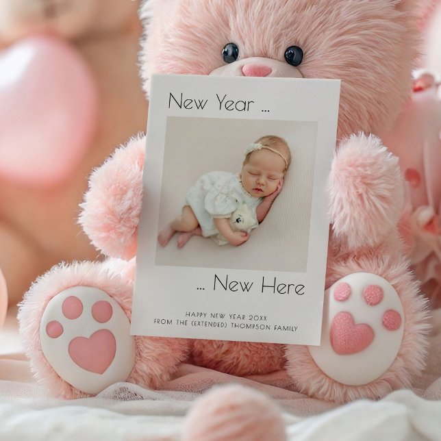 Minimalist New Year New Here Photo Birth Announcement (Creator Uploaded)