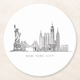 Minimalist New York City Skyline Line Art Round Paper Coaster
